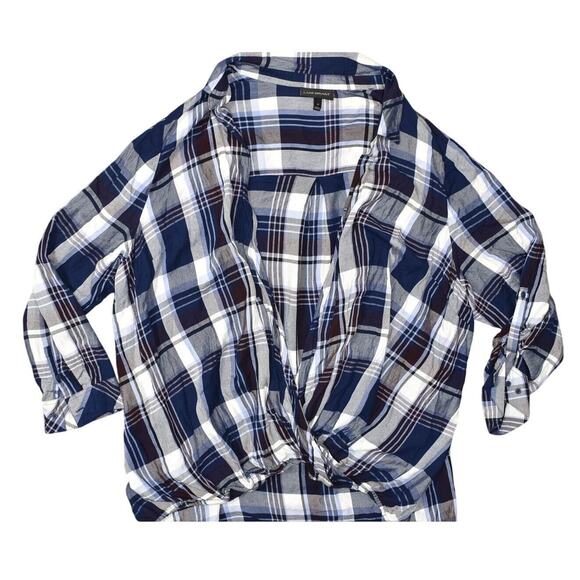 Lane Bryant Plus Size 28 Blue Plaid Rayon Blouse Long Sleeve Open Collared - Picture 1 of 7